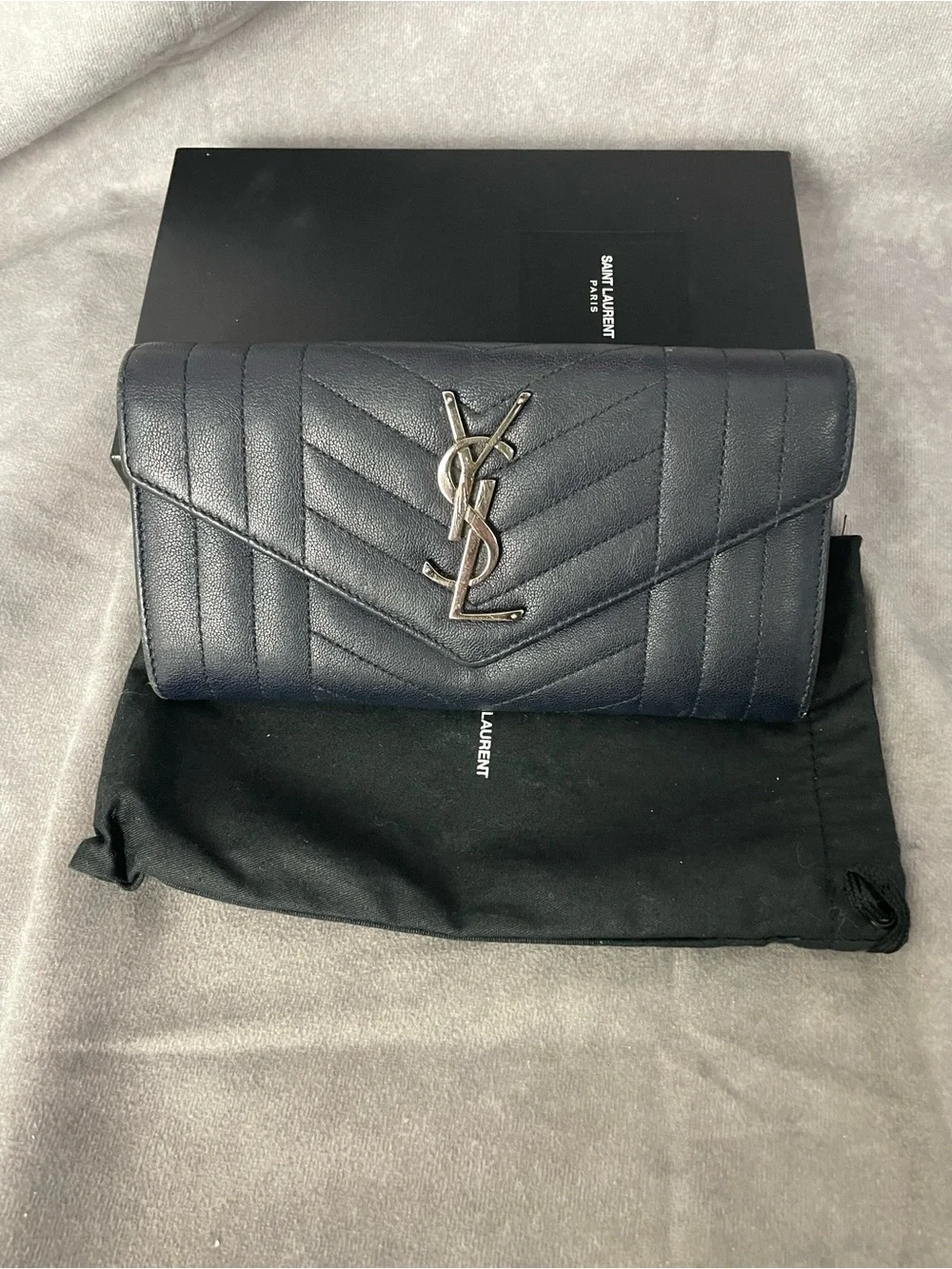 Saint Laurent Dark Blue Chevron Quilted Leather Long Wallet with YSL Logo - Picture 2 of 13